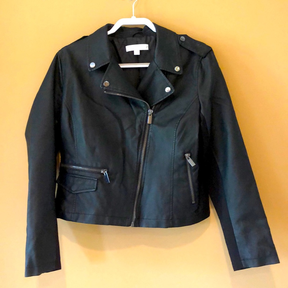 New York & Company Black Faux Leather Jacket Size Large